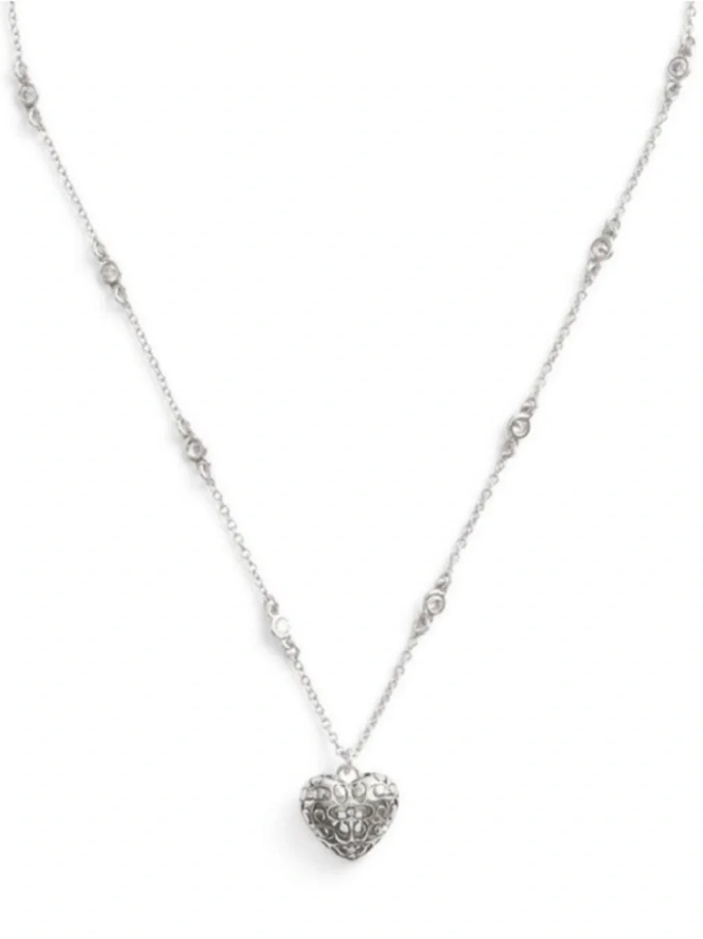 Coach Silver Tone 3D Heart Charm Pendant Necklace w/ Crystals Signature C Logos